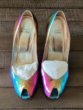 🤩 Stuart Weitzman Maria Rainbow Specchio Peep Toe Heels - size 9.5